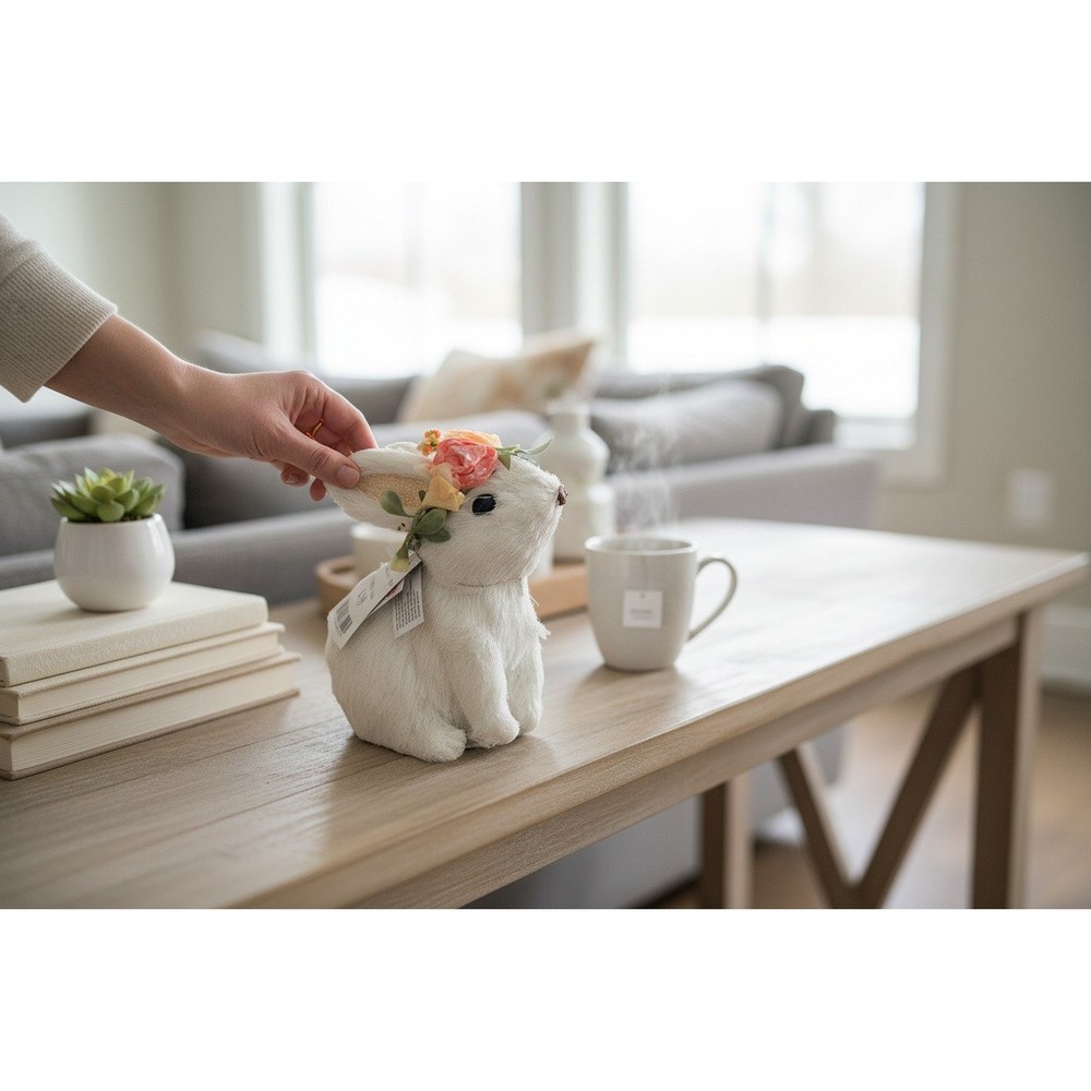 Odellette Sisal Bunny Figurine Unisex Small White Brand New Floral Crown Easter